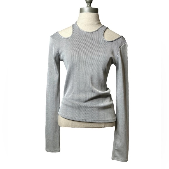 Zara White Black Collection Ribbed Cold Shoulder Cutout Long Sleeve Top Large - Picture 2 of 15